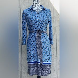 Donna Morgan: Blue Multi-colored belted, button down Dress